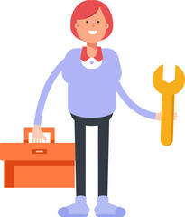 Woman Character Holding Toolbox and Wrench
