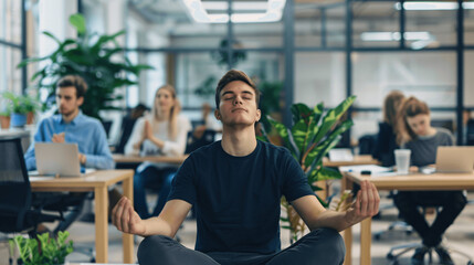 A mindful breathing exercise in a busy office, finding calm amidst chaos.