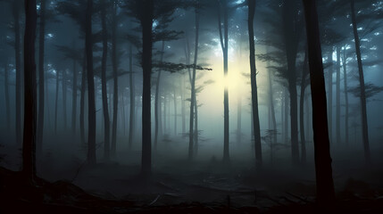 Naklejka premium Foggy dark forest path scary melancholy background