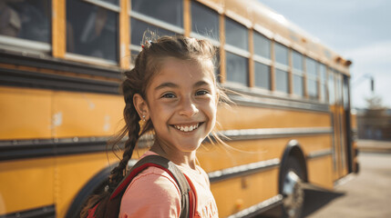 A young girl stands in front of a bus, smiling brightly with excitement, Smiling elementary student girl smiling and ready to board school bus - obrazy, fototapety, plakaty