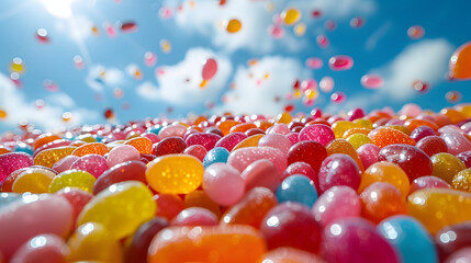 colorful jellybeans raining from the sky - obrazy, fototapety, plakaty