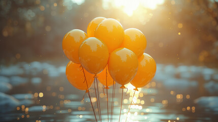 Background of bright yellow inflatable balloons up in the air, backlit by sun. - obrazy, fototapety, plakaty