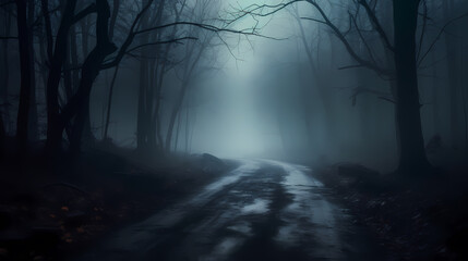 Foggy dark forest path scary melancholy background