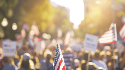 cold tones, Background blur of crowd at political rally in the United States holding signs and carrying US flags.  - obrazy, fototapety, plakaty