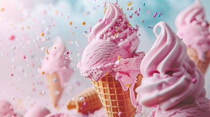 Pastel ice cream dreamland  swirls, scoops in sky with candy, waffle cones for playful vibe. - obrazy, fototapety, plakaty