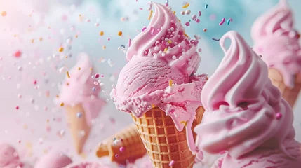 Foto auf Alu-Dibond Pastel ice cream dreamland  swirls, scoops in sky with candy, waffle cones for playful vibe. © Ilja