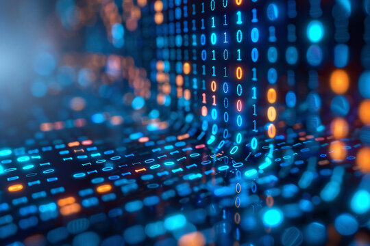 Blue digital surface with glowing binary code