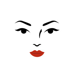 Women Face icon. Logo women face with red lips on white background. Concept of beauty, body care, facial skin care, cosmetology. Logo for salon or beauty spa. Vector illustration in flat design