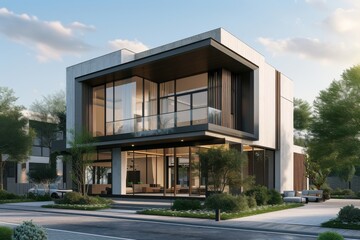 Fototapeta premium A modern minimalist house situated on a bustling downtown street