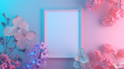 a frame with a blank canvas is surrounded by flowers, casting beautiful pink and blue hues, empty mockup