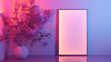 frame with a blank canvas next to a vase of flowers, casting beautiful pink and purple hues, empty mockup