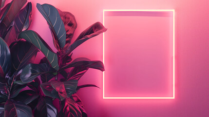 neon blank frame with a blank canvas surrounded by tropical leaves in neon light, empty mockup