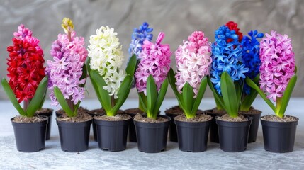 Colorful blooming hyacinths in pots on blurred defocused background with space for text placement