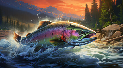 Fishing. Rainbow trout hunt for bait - obrazy, fototapety, plakaty