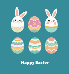 Happy Easter greeting card with cute white bunny and eggs. Rabbit and eggs Easter clipart character, eggs with bunny ears and funny faces. Easter card with bunny and eggs. 