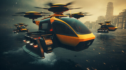 Floating taxi drones - obrazy, fototapety, plakaty