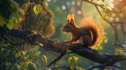 A playful squirrel perched on a tree branch, its bushy tail contrasting against the vibrant hues of a summer forest. - obrazy, fototapety, plakaty