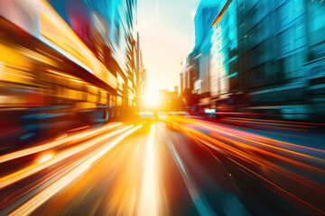 Traffic in the city, golden hour, strong motion blur. Created with Generative AI technology. - obrazy, fototapety, plakaty