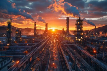 Fototapeta na wymiar A striking industrial landscape of a refinery against a vivid sunset, with smoke billowing