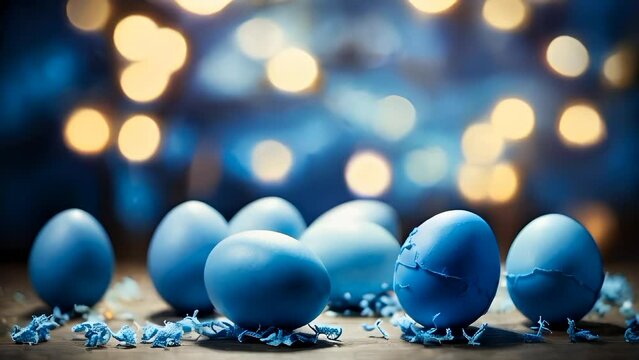 Blue easter eggs with bokeh lights on background 