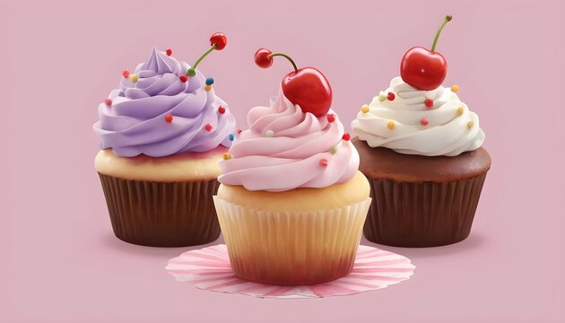 there are five cupcakes with different toppings and a cherry on top cute