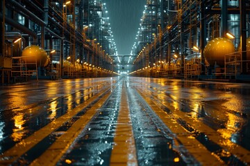 Glistening wet streets reflect lights within a sprawling, eerily deserted industrial complex at night