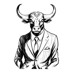 Anthro Humanoid Bull Wearing Business Suite Old Retro Vintage Engraved Ink Sketch Hand Drawn Line Art