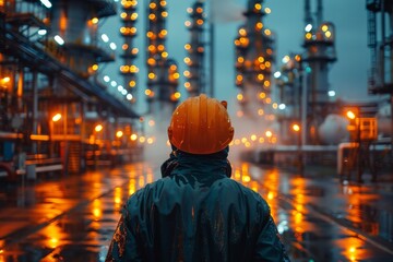 A solitary worker stands before a vast, foggy industrial backdrop, implying introspection and the human element in industry