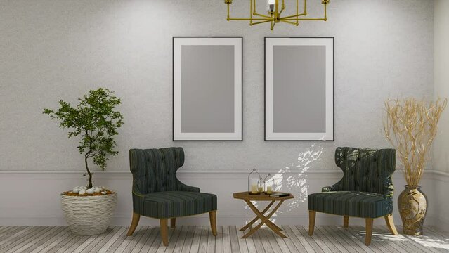 4k empty photo frames on white stucco textured wall video template for product display. Empty photo frame video mockup 3d rendering.