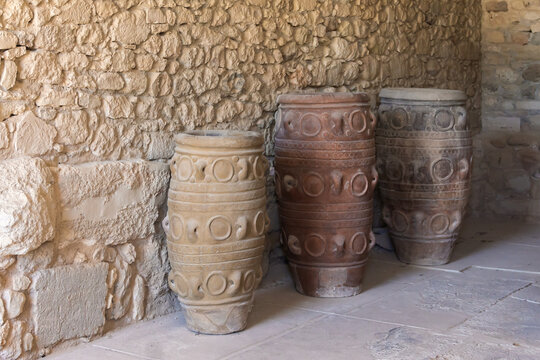 Medallion Pithoi, or storage jars, at the Knossos palace. July 03, 2019. Crete, Greece