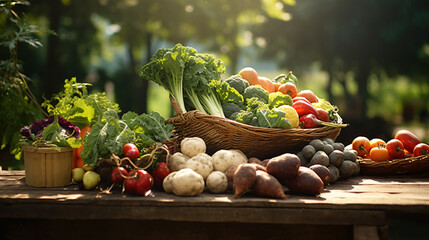 Fresh harvest of organic vegetables on a wooden table