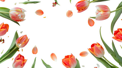 Floral frame composition. Close up of blooming tulips flowers and petals isolated on white table background