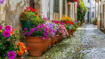 Fototapeta na wymiar Pots of colorful flowers blooming in the summer