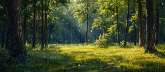 Sunny day, sparse forest, sunlit trees and grassy clearing.