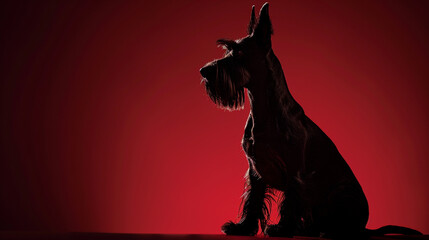 A proud Scottish Terrier with a distinctive silhouette, captured in vivid detail against a rich maroon background.