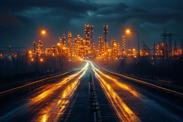 Fototapeta na wymiar A dynamic image capturing the reflections of city lights on a wet road leading to a busy industrial area under a dusky sky