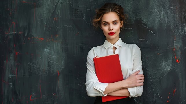 Woman teacher or business woman holding book. 