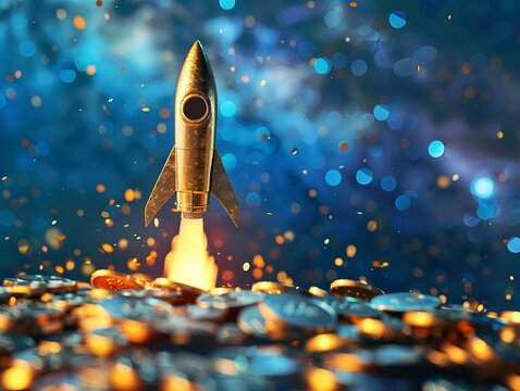 A rocket soaring upwards fueled by coins