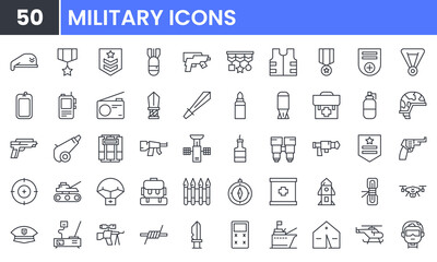 Military vector line icon set.Contain linear outline icons like Soldier, War, Weapon, Rocket, Pistol, Knife, Gun, Army, Helicopter, Revolver, Grenade, Dynamite, Rifle, Helmet. Editable use and stroke.