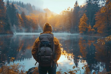 An adventurer in warm clothes with a backpack enjoys the peace of a sunrise reflecting on a tranquil forest lake - Powered by Adobe