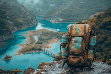 A seasoned traveler's backpack with a detailed map overlooks a serene winding river in a lush...