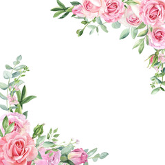 Pink Roses and Eucalyptus, Watercolor Corner Border for Wedding Invitations - obrazy, fototapety, plakaty