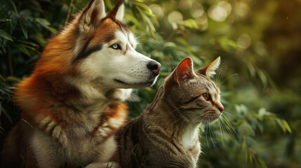 A proud Siberian Husky and a curious orange tabby cat posing together against a vibrant forest...