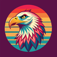 eagle head vector illustration on a colorful background with stripes and sun