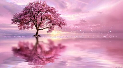 Fototapeta na wymiar Cherry blossom tree in full bloom tranquil scene with petals drifting over serene pond