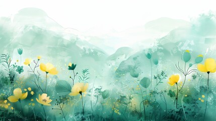 Misty morning meadow with rolling hills, wildflowers, and soft pastel tones conveying tranquility.