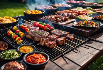 illustration, exploring art barbecue grilling: cooking techniques, equipment, flavors, food, smoke, meat, heat, outdoor, charcoal, propane, recipes, fire