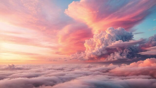 Dreamy cloudscape kissed by sunset’s rosy hue. Generative AI Video. ProRes HQ 59.94 FPS available in 4K 16:9.