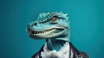A dinosaur with a stylish cravat and an air of distinction poses against a teal backdrop, an iconic...