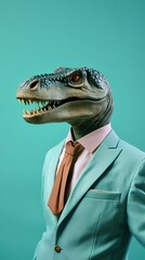 A dinosaur dons a business suit, exuding a sophisticated and quirky charm in a creative blend of...